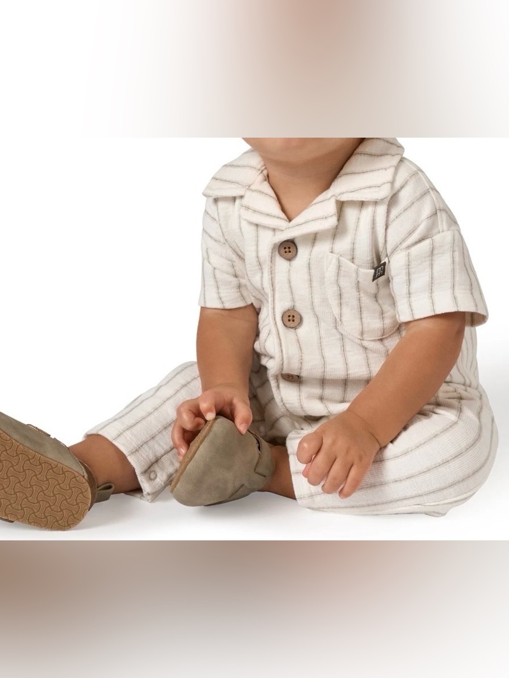Modern Moments Boys 6-9M Tan Stripe Cotton Slouch Henley Romper Boho Lightweight